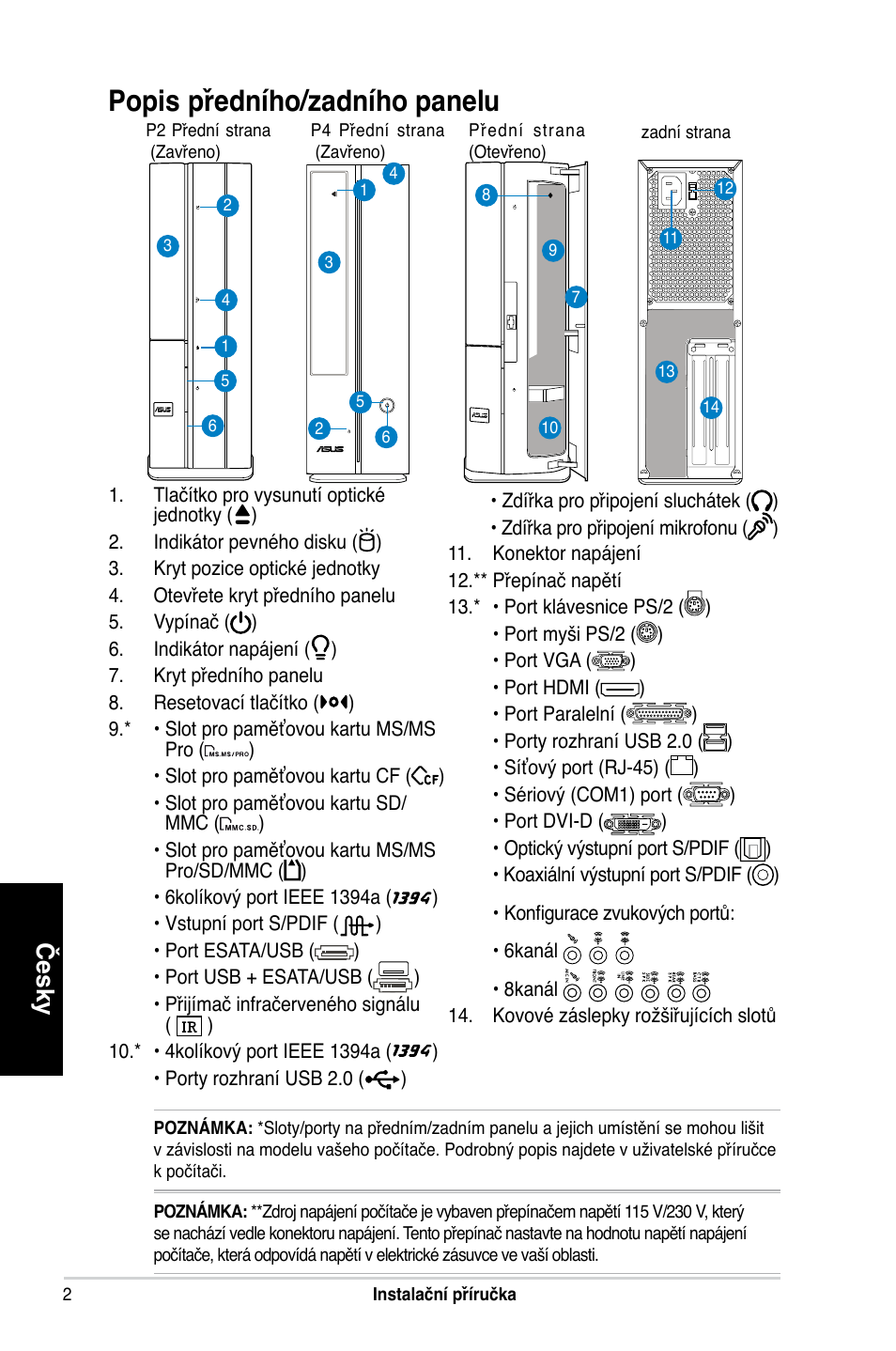 Popis předního/zadního panelu, Česky | Asus P2-P5945GC User Manual | Page 34 / 80