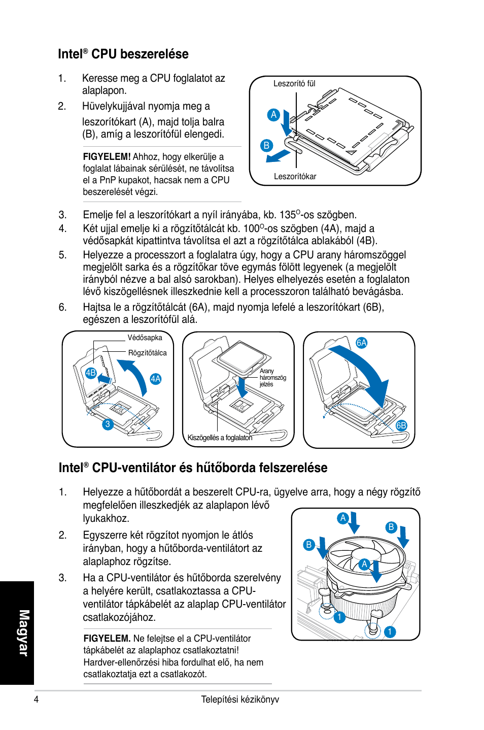 Magyar, Intel, Cpu beszerelése | Cpu-ventilátor és hűtőborda felszerelése | Asus P2-P5945GC User Manual | Page 44 / 80