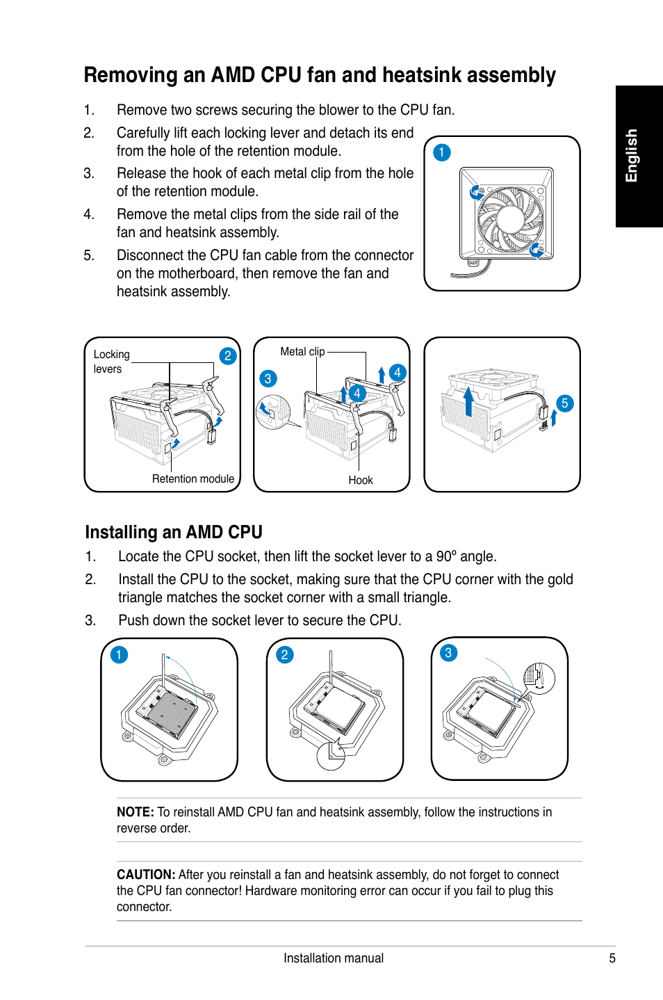 Removing an amd cpu fan and heatsink assembly, Installing an amd cpu | Asus P2-P5945GC User Manual | Page 5 / 80