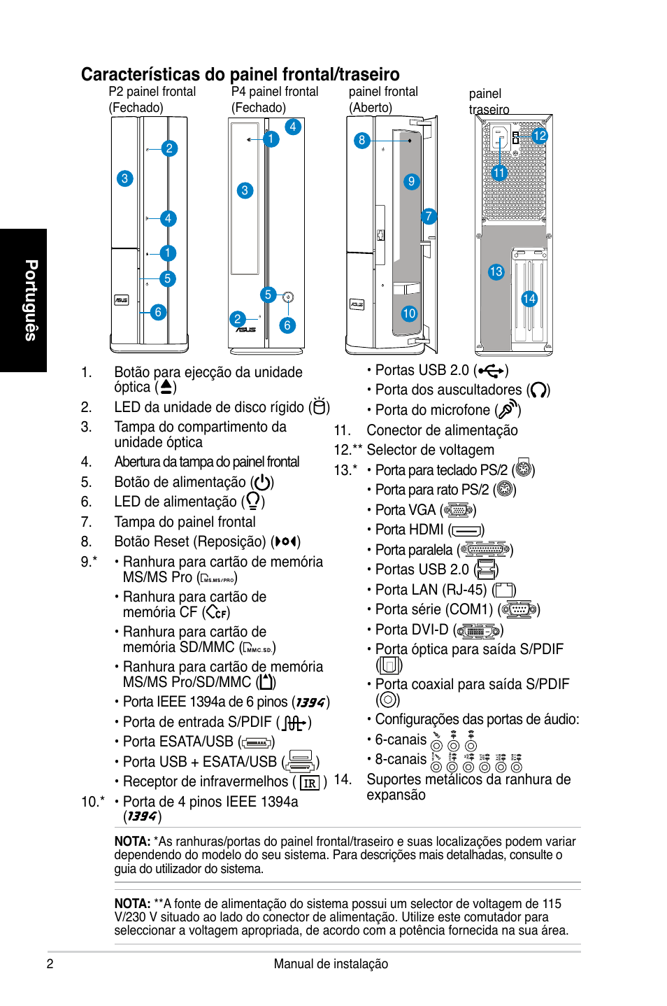 Características do painel frontal/traseiro, Português | Asus P2-P5945GC User Manual | Page 58 / 80