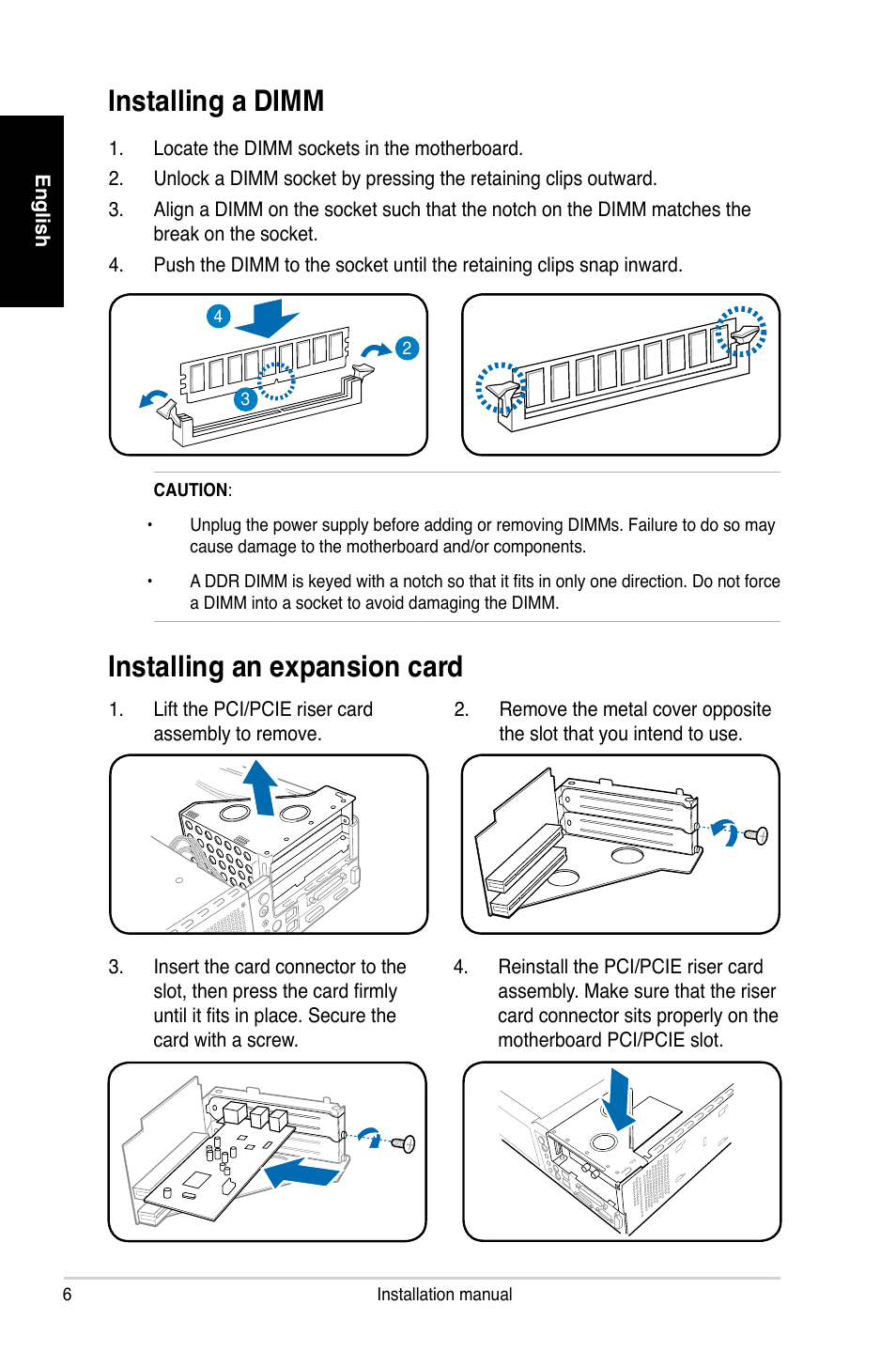 Installing an expansion card, Installing a dimm | Asus P2-P5945GC User Manual | Page 6 / 80