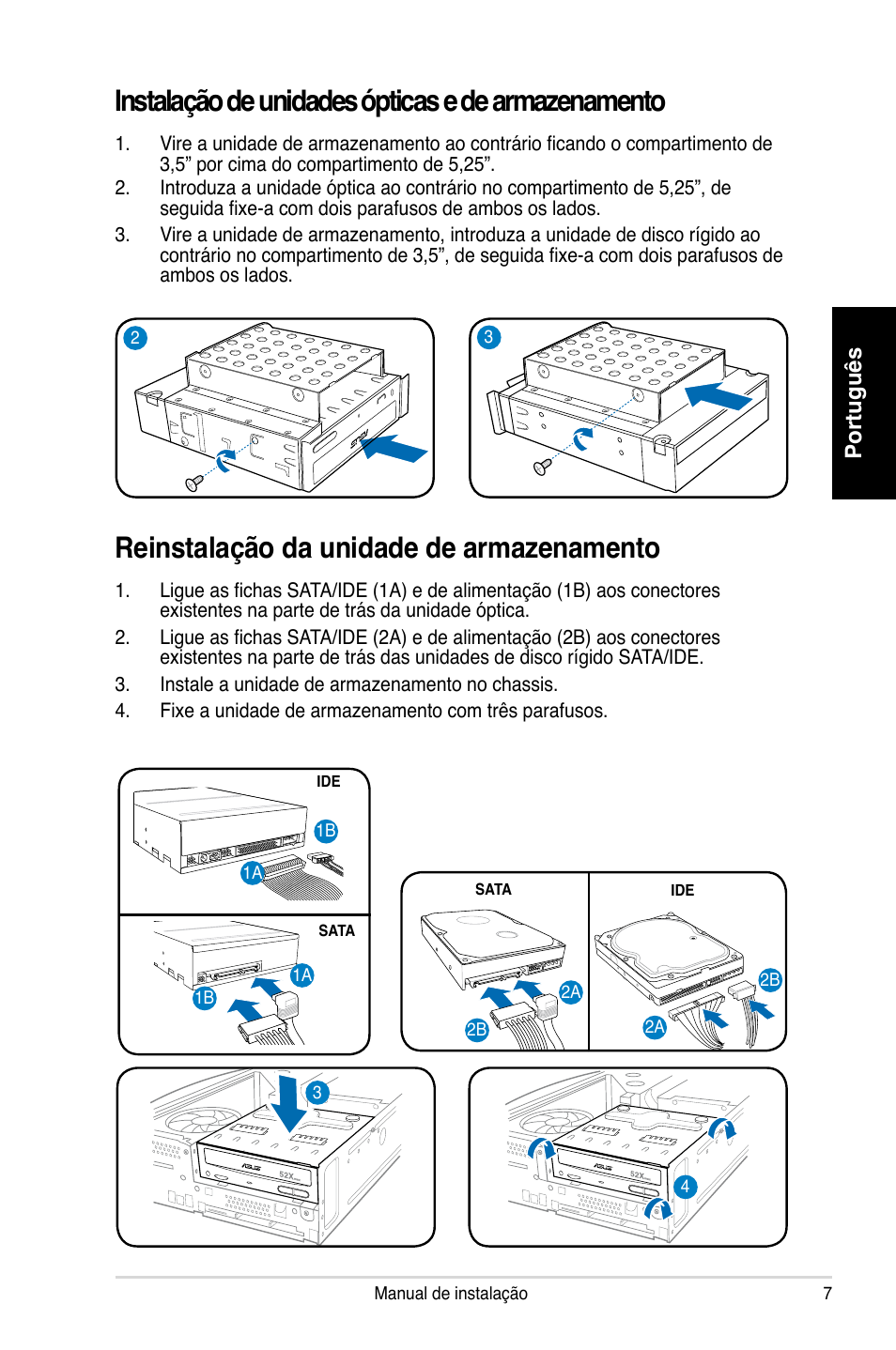 Instalação de unidades ópticas e de armazenamento, Reinstalação da unidade de armazenamento, Português | Asus P2-P5945GC User Manual | Page 63 / 80