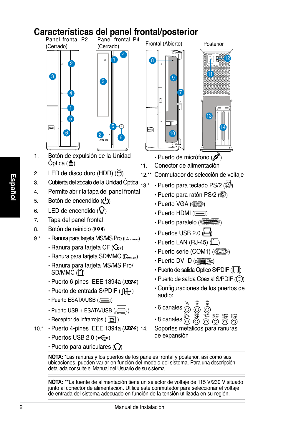 Características del panel frontal/posterior, Español | Asus P2-P5945GC User Manual | Page 66 / 80