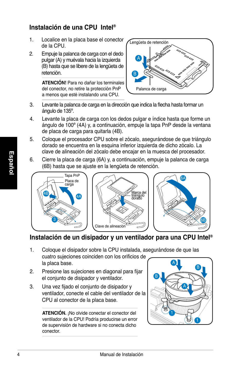 Instalación de una cpu intel, Español | Asus P2-P5945GC User Manual | Page 68 / 80
