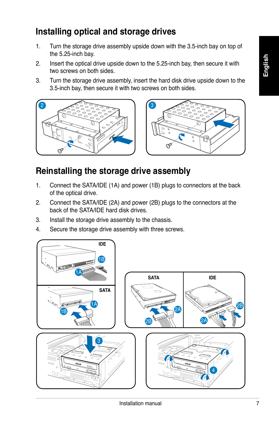 Installing optical and storage drives, Reinstalling the storage drive assembly | Asus P2-P5945GC User Manual | Page 7 / 80