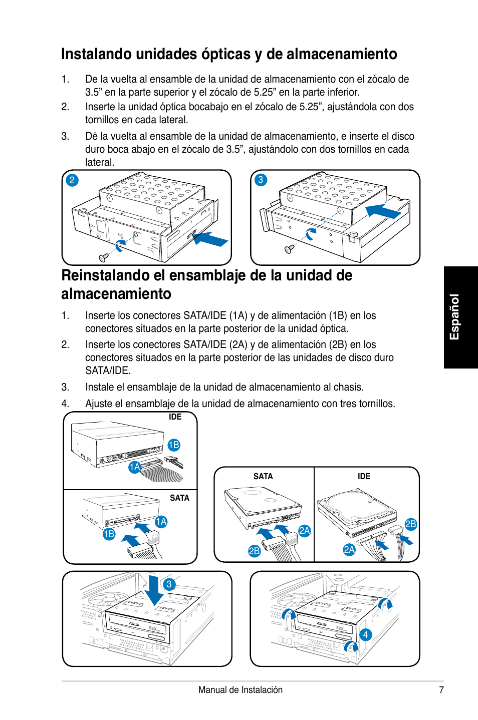 Instalando unidades ópticas y de almacenamiento, Español | Asus P2-P5945GC User Manual | Page 71 / 80