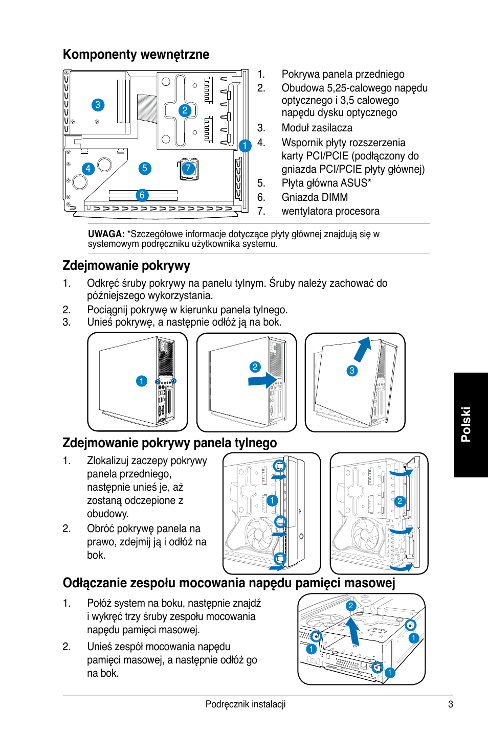 Komponenty wewnętrzne, Zdejmowanie pokrywy, Zdejmowanie pokrywy panela tylnego | Polski | Asus P2-P5945GC User Manual | Page 75 / 80