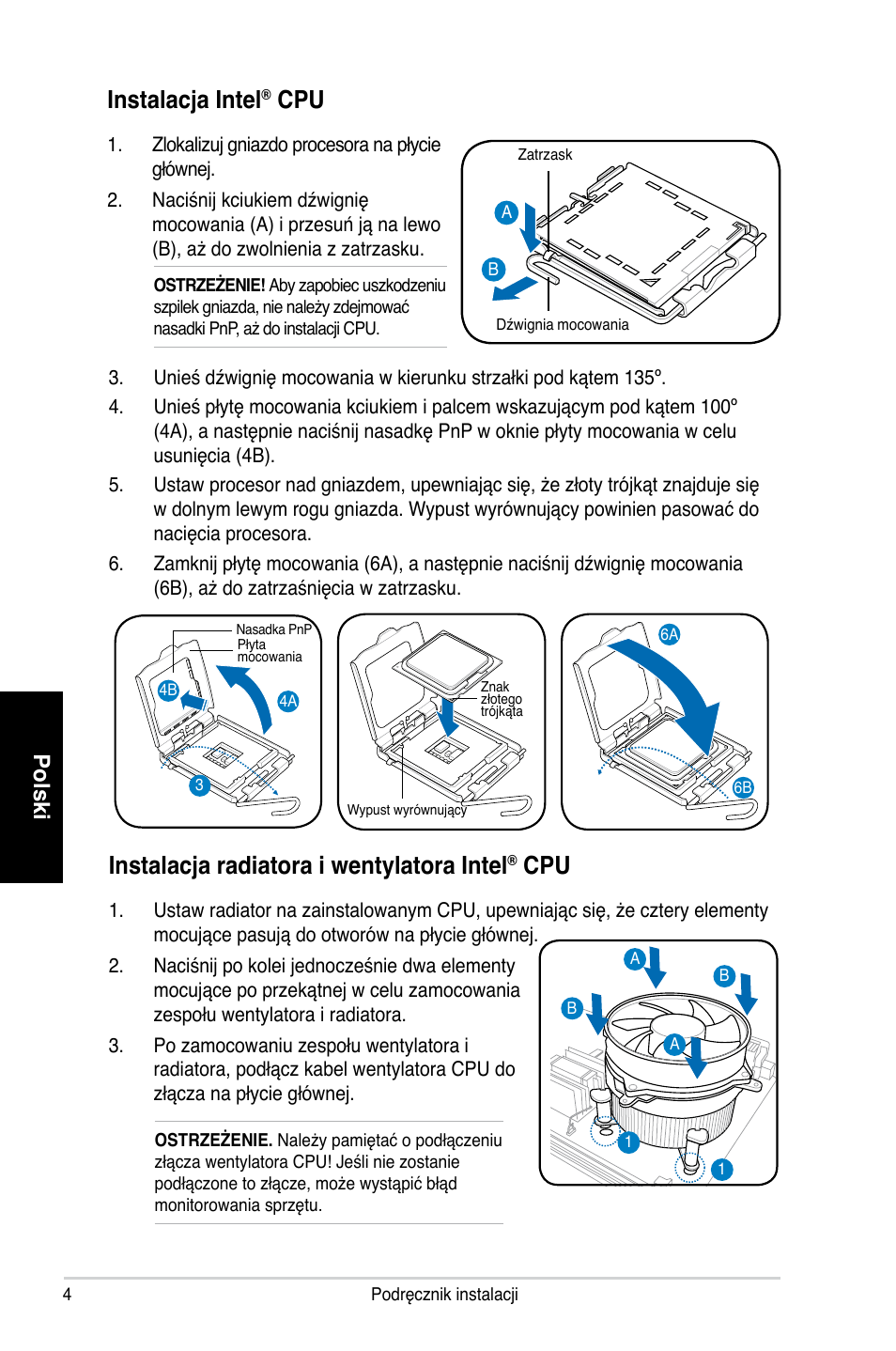 Instalacja intel, Instalacja radiatora i wentylatora intel, Polski | Asus P2-P5945GC User Manual | Page 76 / 80