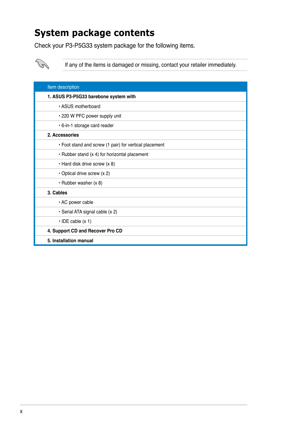 System package contents | Asus P3-P5G33 User Manual | Page 10 / 98