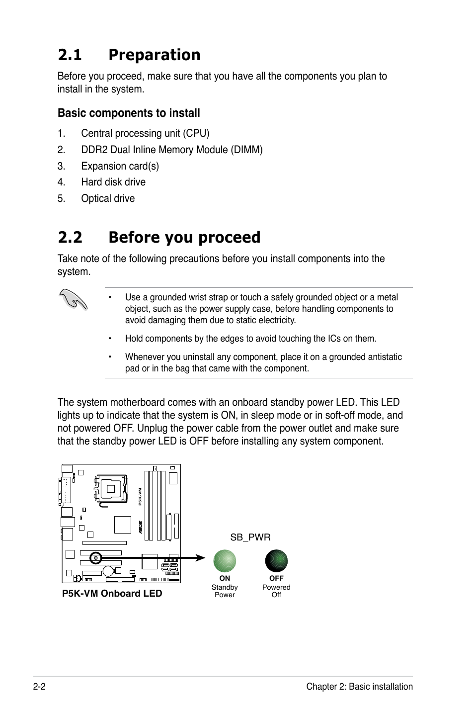 1 preparation, 2 before you proceed, Basic components to install | Asus P3-P5G33 User Manual | Page 18 / 98