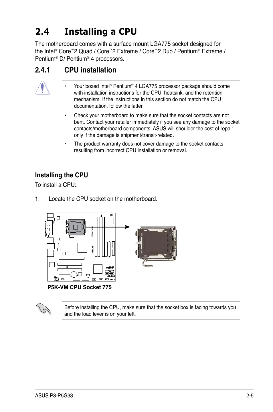 4 installing a cpu, 1 cpu installation, Installing the cpu | Asus P3-P5G33 User Manual | Page 21 / 98