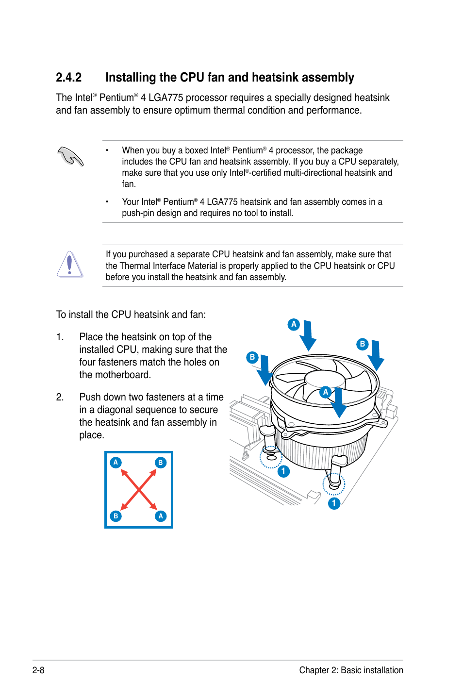 2 installing the cpu fan and heatsink assembly | Asus P3-P5G33 User Manual | Page 24 / 98