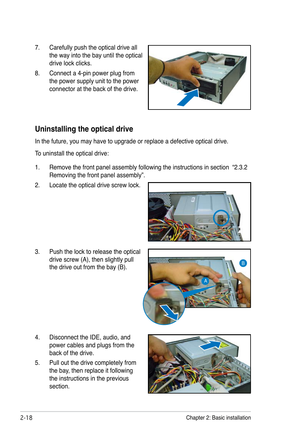 Uninstalling the optical drive | Asus P3-P5G33 User Manual | Page 34 / 98