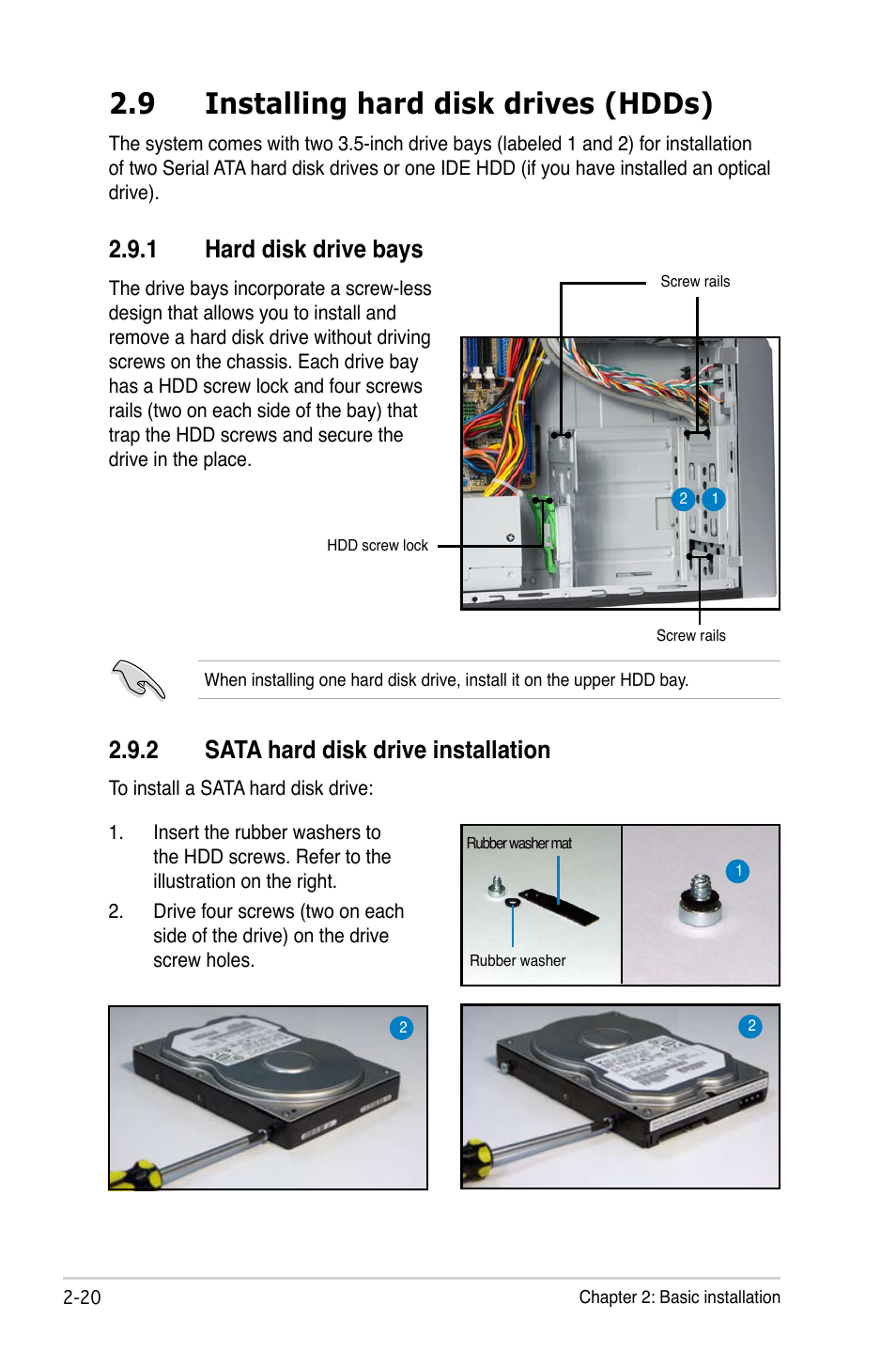 9 installing hard disk drives (hdds), 2 sata hard disk drive installation, 1 hard disk drive bays | Asus P3-P5G33 User Manual | Page 36 / 98