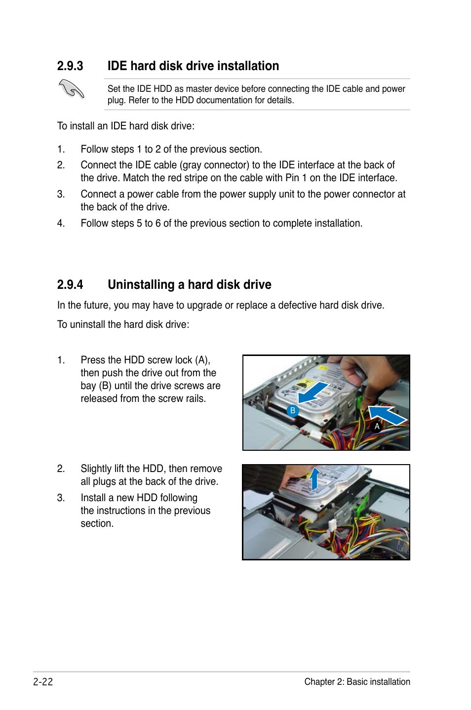 3 ide hard disk drive installation, 4 uninstalling a hard disk drive | Asus P3-P5G33 User Manual | Page 38 / 98