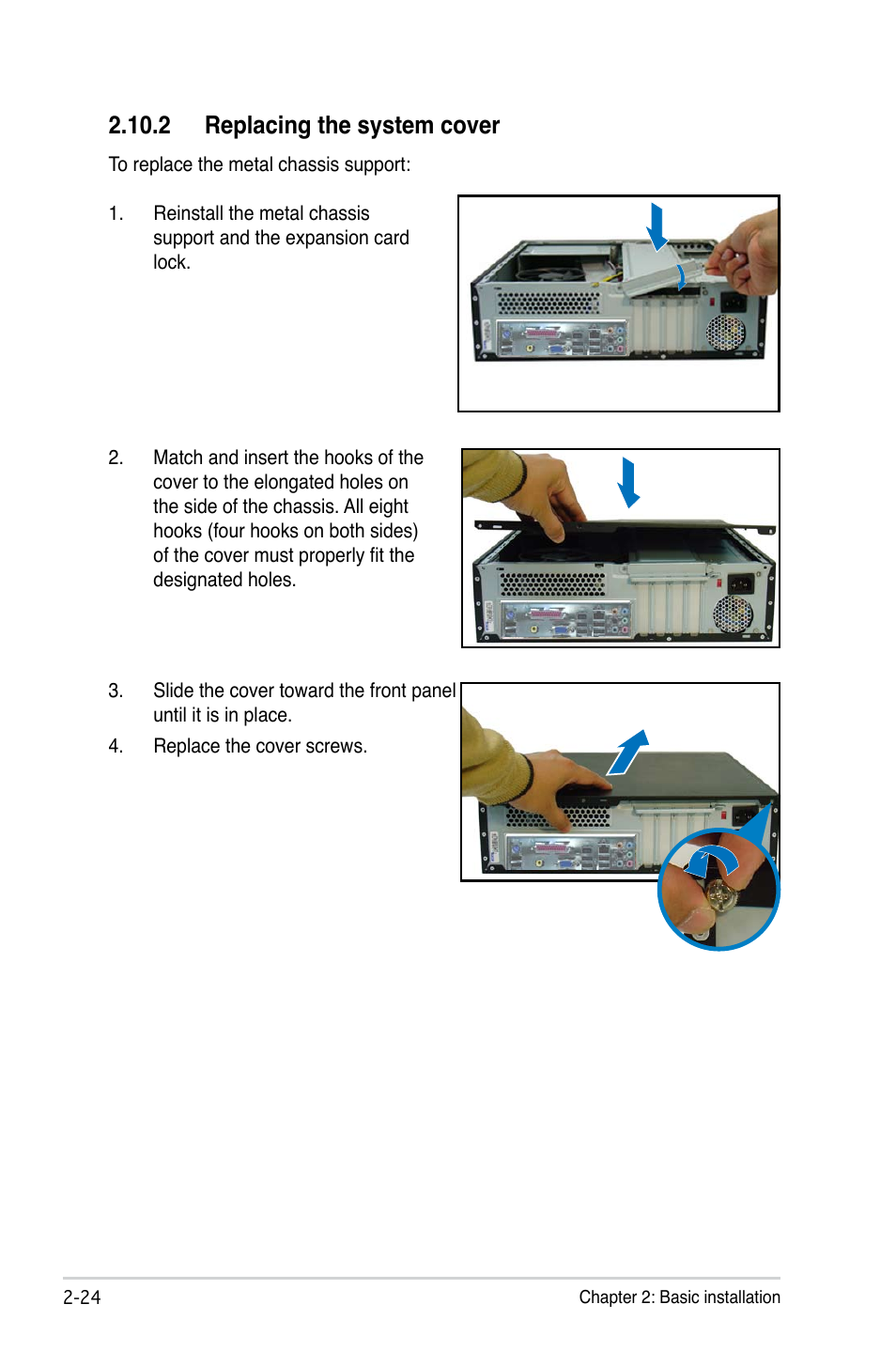 2 replacing the system cover | Asus P3-P5G33 User Manual | Page 40 / 98