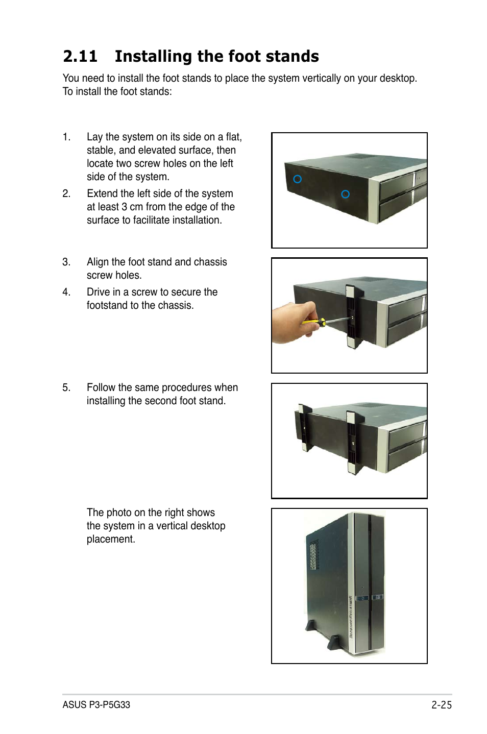 11 installing the foot stands | Asus P3-P5G33 User Manual | Page 41 / 98