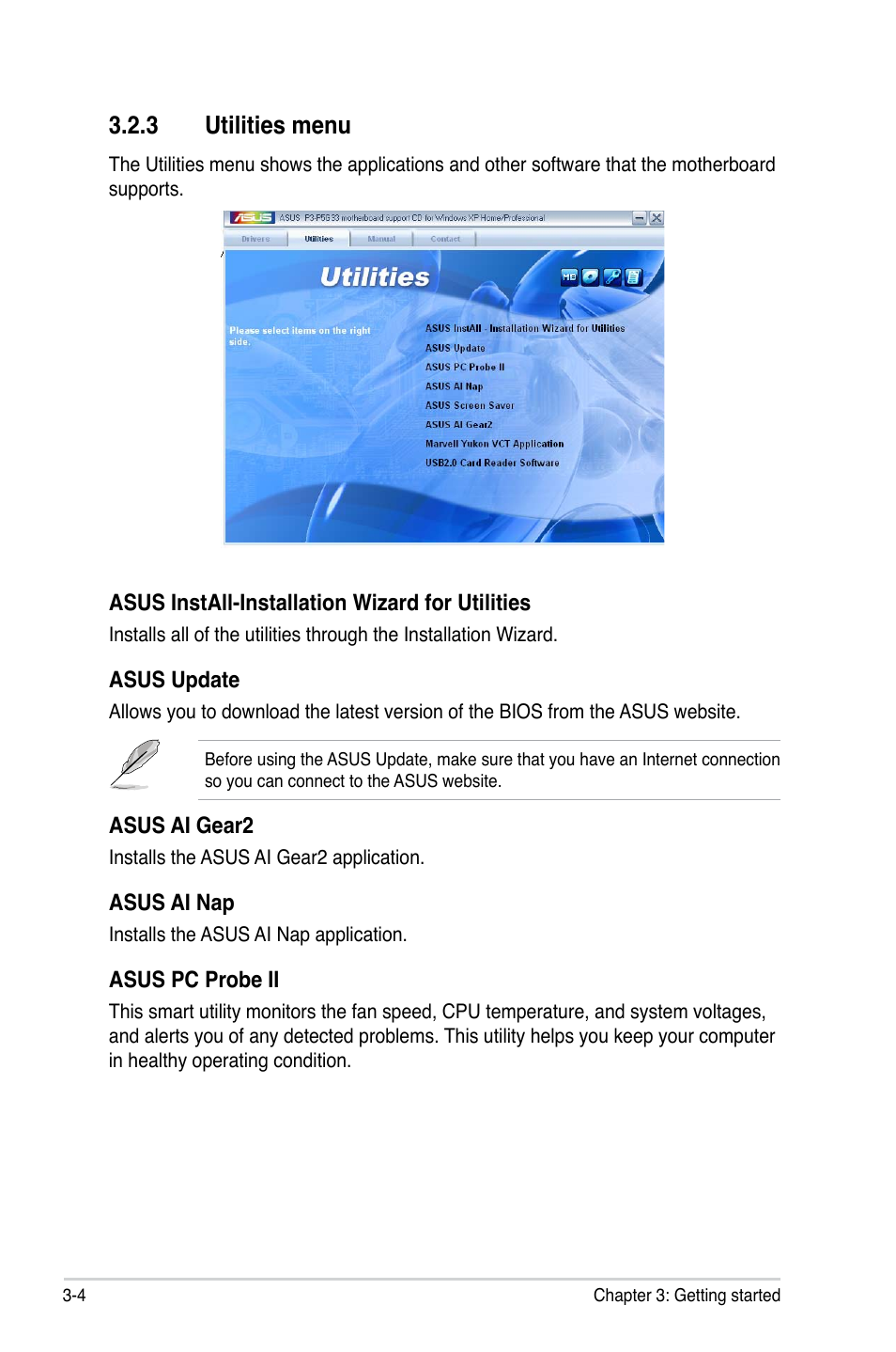 3 utilities menu | Asus P3-P5G33 User Manual | Page 46 / 98