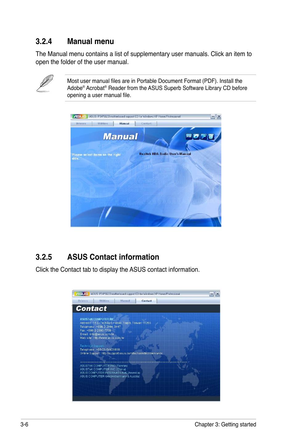 4 manual menu, 5 asus contact information | Asus P3-P5G33 User Manual | Page 48 / 98