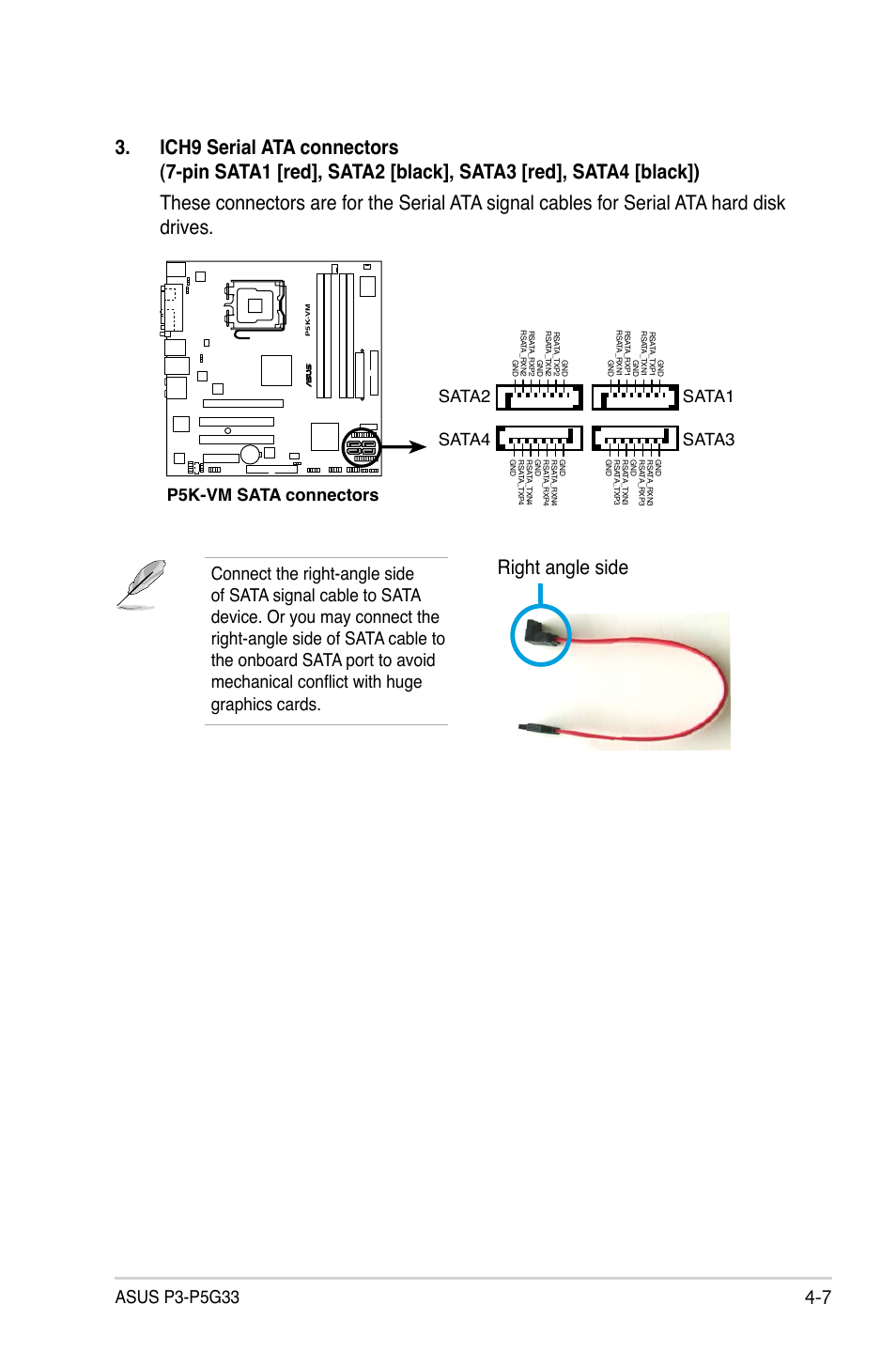 Right angle side, P5k-vm sata connectors sata2, Sata4 | Sata1 sata3 | Asus P3-P5G33 User Manual | Page 57 / 98