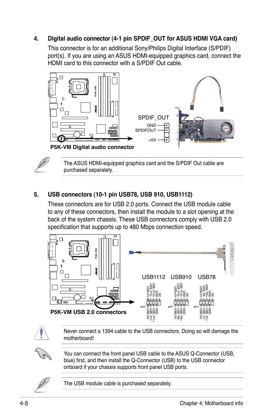 8 chapter 4: motherboard info, Usb910, Usb78 | P5k-vm digital audio connector, Spdif_out | Asus P3-P5G33 User Manual | Page 58 / 98