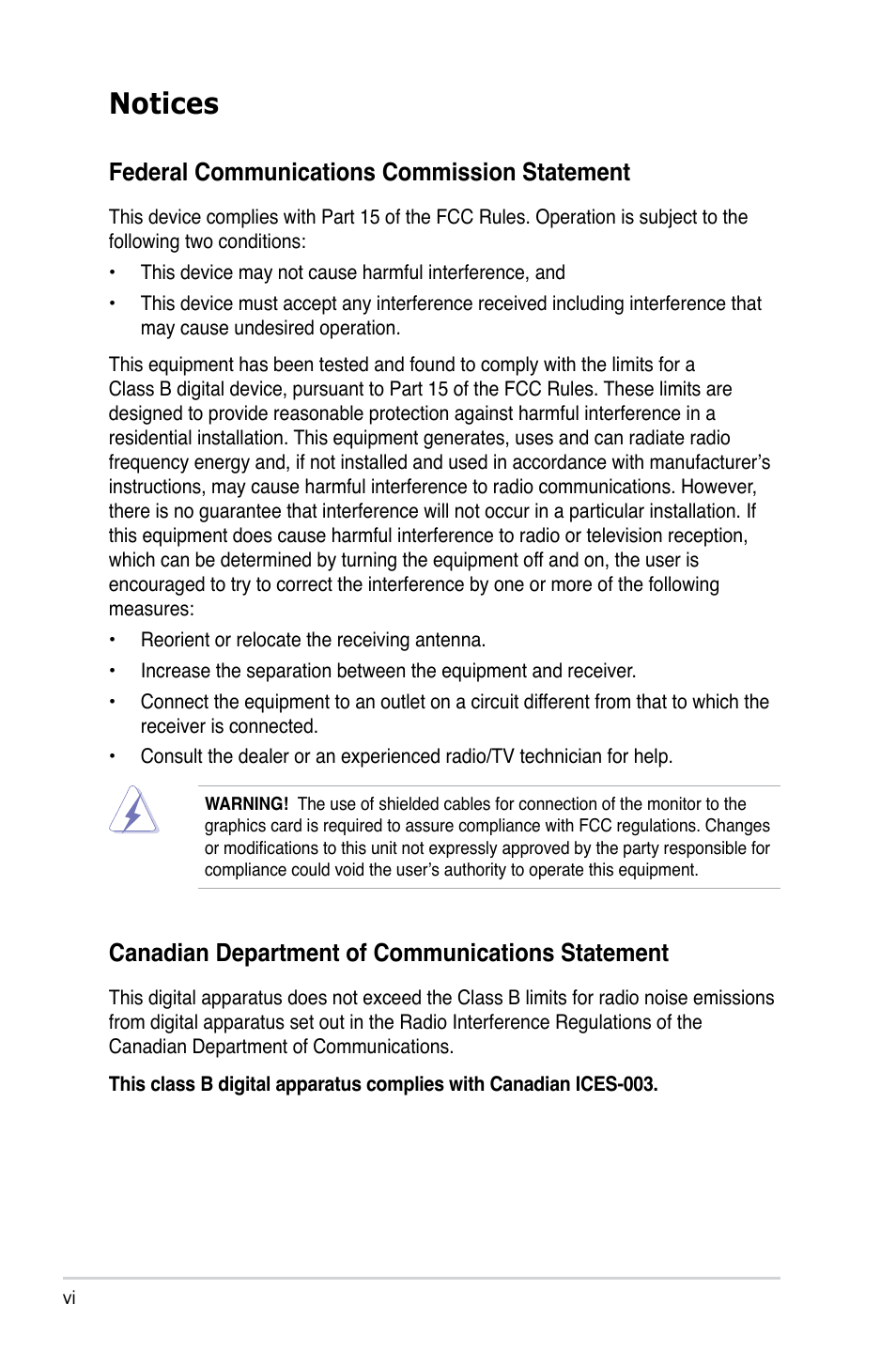 Notices, Federal communications commission statement, Canadian department of communications statement | Asus P3-P5G33 User Manual | Page 6 / 98