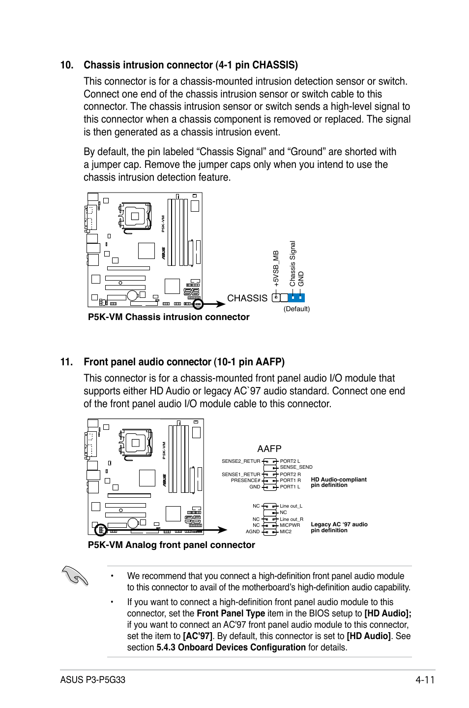 P5k-vm chassis intrusion connector chassis, P5k-vm analog front panel connector aafp | Asus P3-P5G33 User Manual | Page 61 / 98