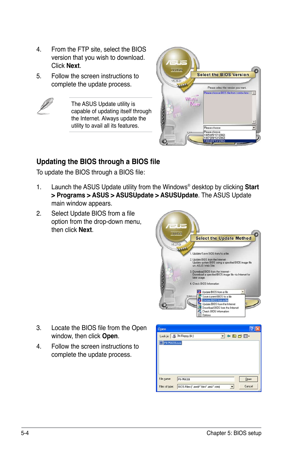 Updating the bios through a bios file | Asus P3-P5G33 User Manual | Page 68 / 98