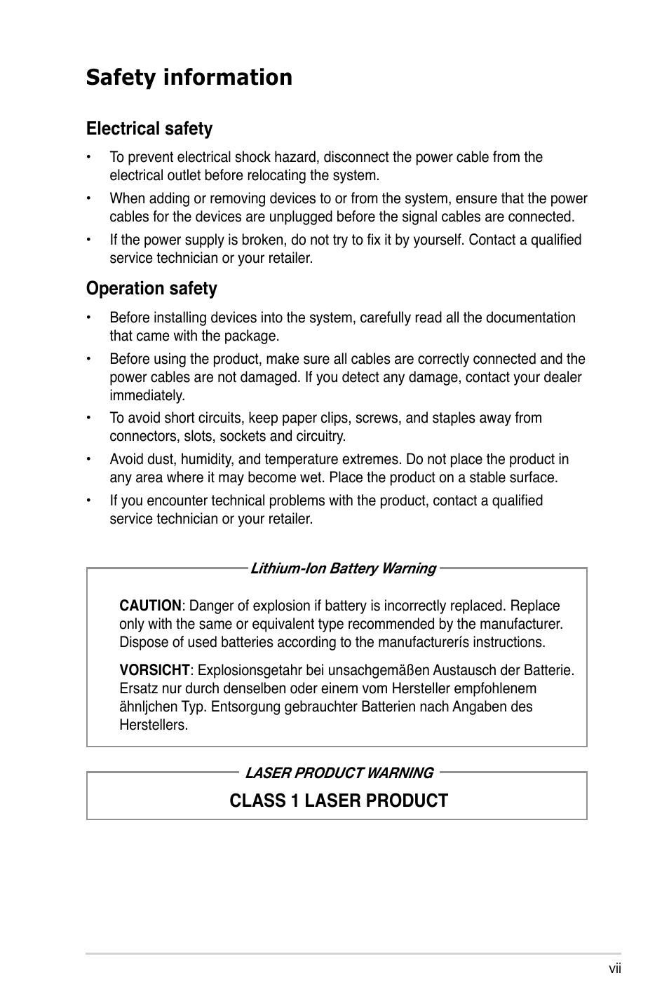 Safety information, Electrical safety, Operation safety | Class 1 laser product | Asus P3-P5G33 User Manual | Page 7 / 98