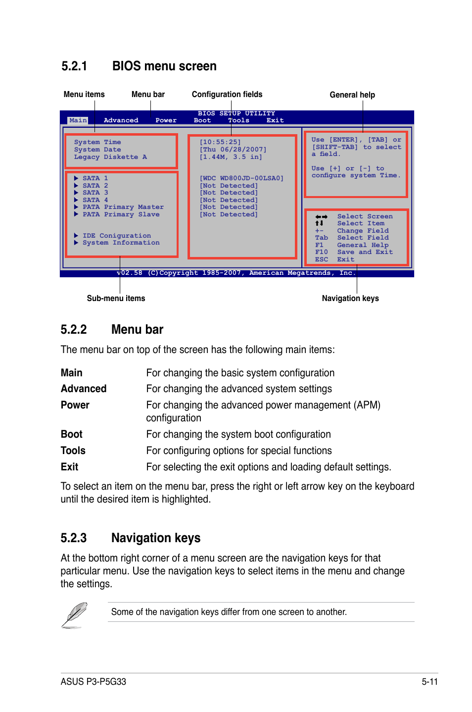 2 menu bar, 3 navigation keys, 1 bios menu screen | Asus P3-P5G33 User Manual | Page 75 / 98