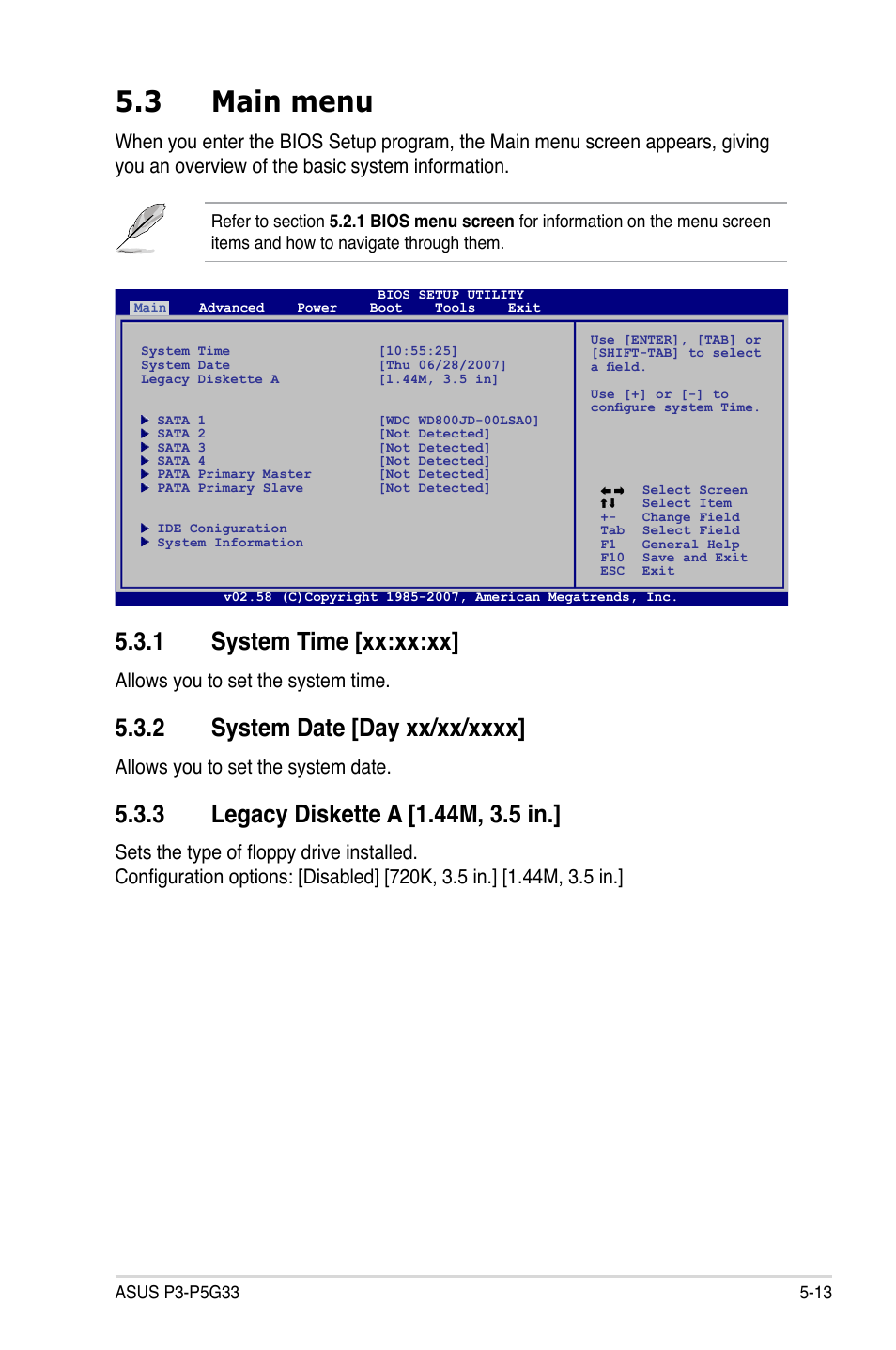 3 main menu, 1 system time [xx:xx:xx, Allows you to set the system time | Allows you to set the system date | Asus P3-P5G33 User Manual | Page 77 / 98