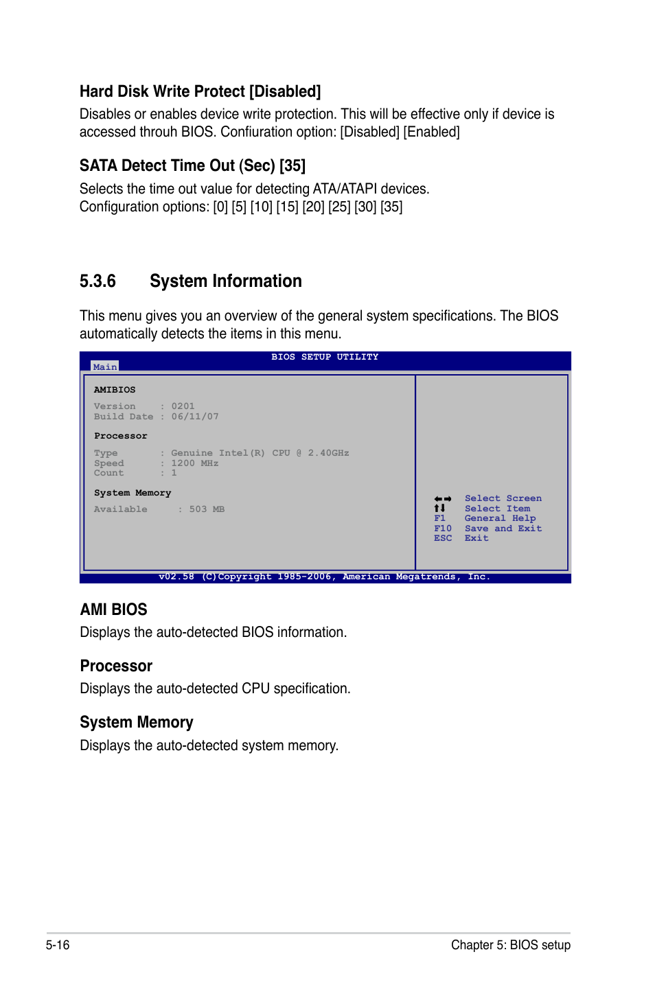 6 system information, Ami bios, Processor | Hard disk write protect [disabled, Sata detect time out (sec) [35 | Asus P3-P5G33 User Manual | Page 80 / 98