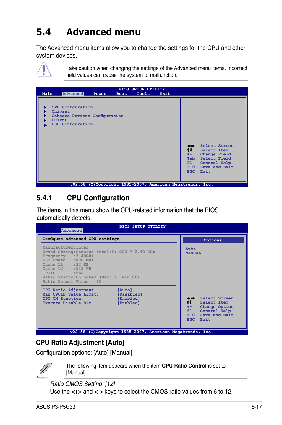 4 advanced menu, 1 cpu configuration, Cpu ratio adjustment [auto | Configuration options: [auto] [manual | Asus P3-P5G33 User Manual | Page 81 / 98