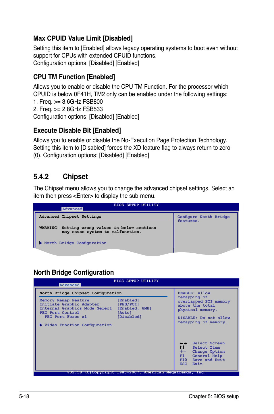 2 chipset, Max cpuid value limit [disabled, Cpu tm function [enabled | Execute disable bit [enabled, North bridge configuration | Asus P3-P5G33 User Manual | Page 82 / 98