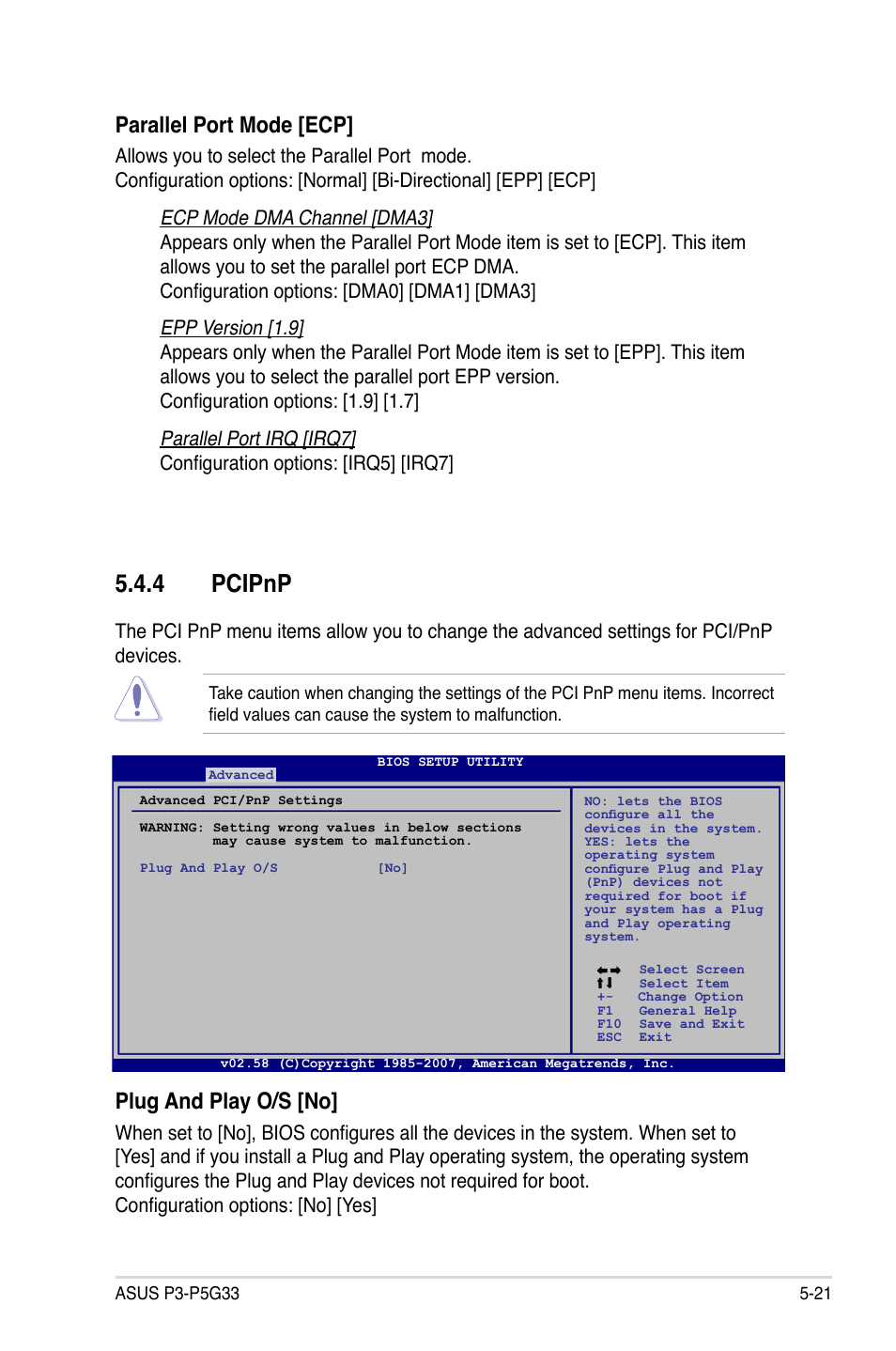 4 pcipnp, Parallel port mode [ecp, Plug and play o/s [no | Asus P3-P5G33 User Manual | Page 85 / 98