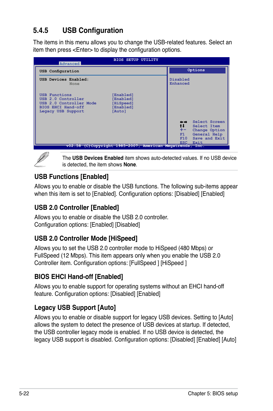 5 usb configuration, Usb functions [enabled, Usb 2.0 controller [enabled | Usb 2.0 controller mode [hispeed, Bios ehci hand-off [enabled, Legacy usb support [auto | Asus P3-P5G33 User Manual | Page 86 / 98