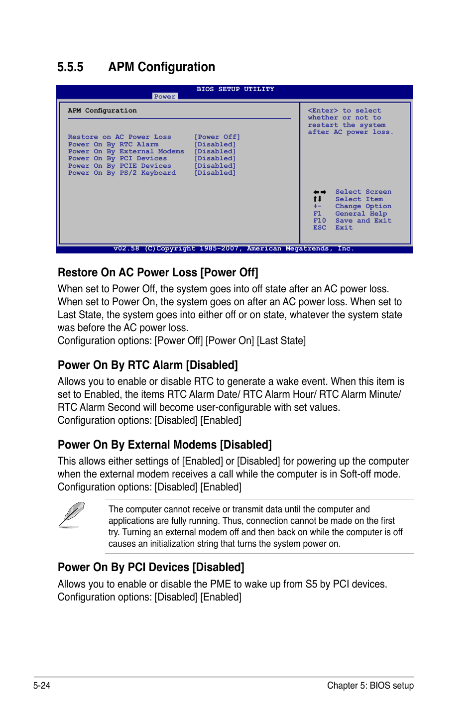 5 apm configuration, Restore on ac power loss [power off, Power on by rtc alarm [disabled | Power on by external modems [disabled, Power on by pci devices [disabled | Asus P3-P5G33 User Manual | Page 88 / 98