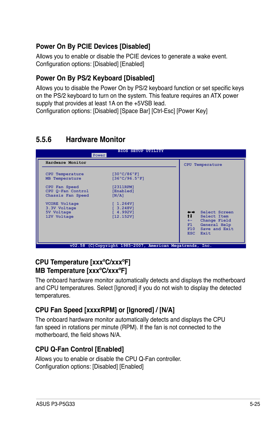 6 hardware monitor, Cpu q-fan control [enabled, Power on by pcie devices [disabled | Power on by ps/2 keyboard [disabled | Asus P3-P5G33 User Manual | Page 89 / 98