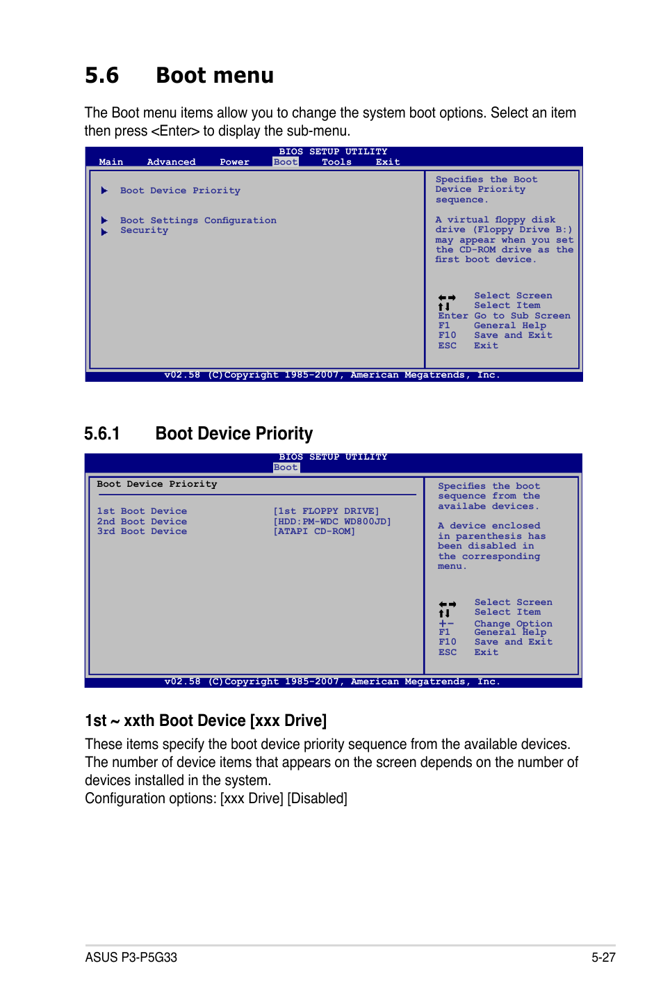 6 boot menu, 1 boot device priority, 1st ~ xxth boot device [xxx drive | Asus P3-P5G33 User Manual | Page 91 / 98