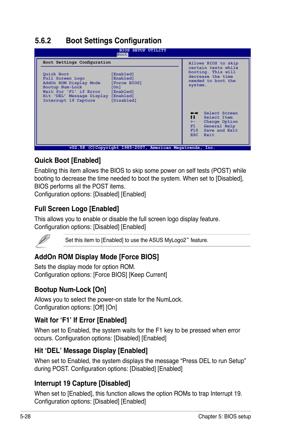 2 boot settings configuration, Quick boot [enabled, Full screen logo [enabled | Addon rom display mode [force bios, Bootup num-lock [on, Wait for ‘f1’ if error [enabled, Hit ‘del’ message display [enabled, Interrupt 19 capture [disabled | Asus P3-P5G33 User Manual | Page 92 / 98