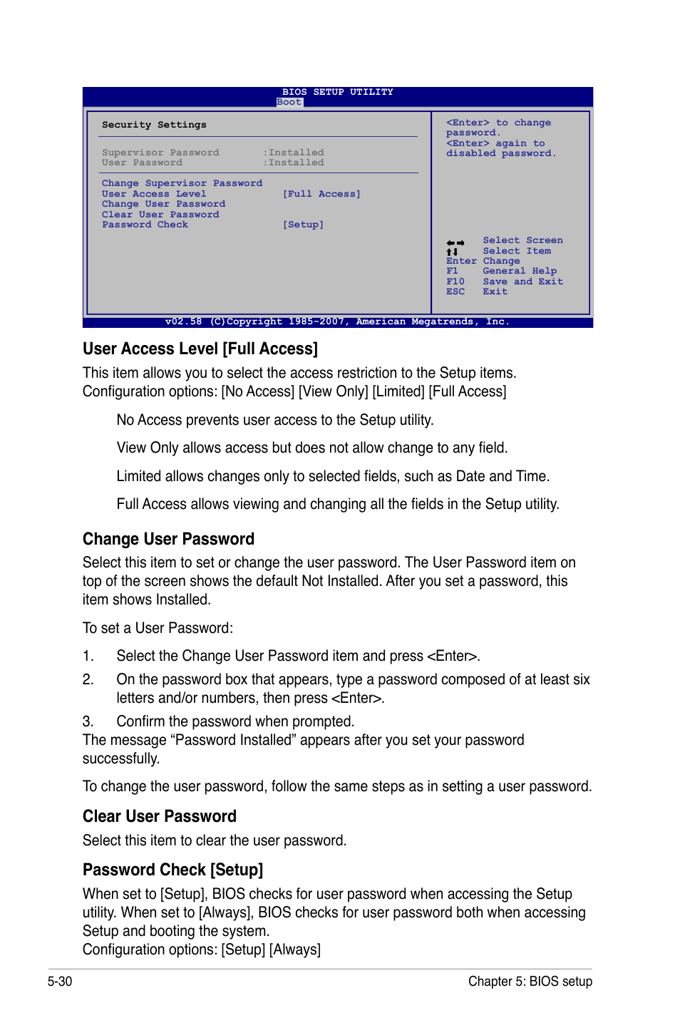 User access level [full access, Change user password, Clear user password | Password check [setup, Select this item to clear the user password | Asus P3-P5G33 User Manual | Page 94 / 98