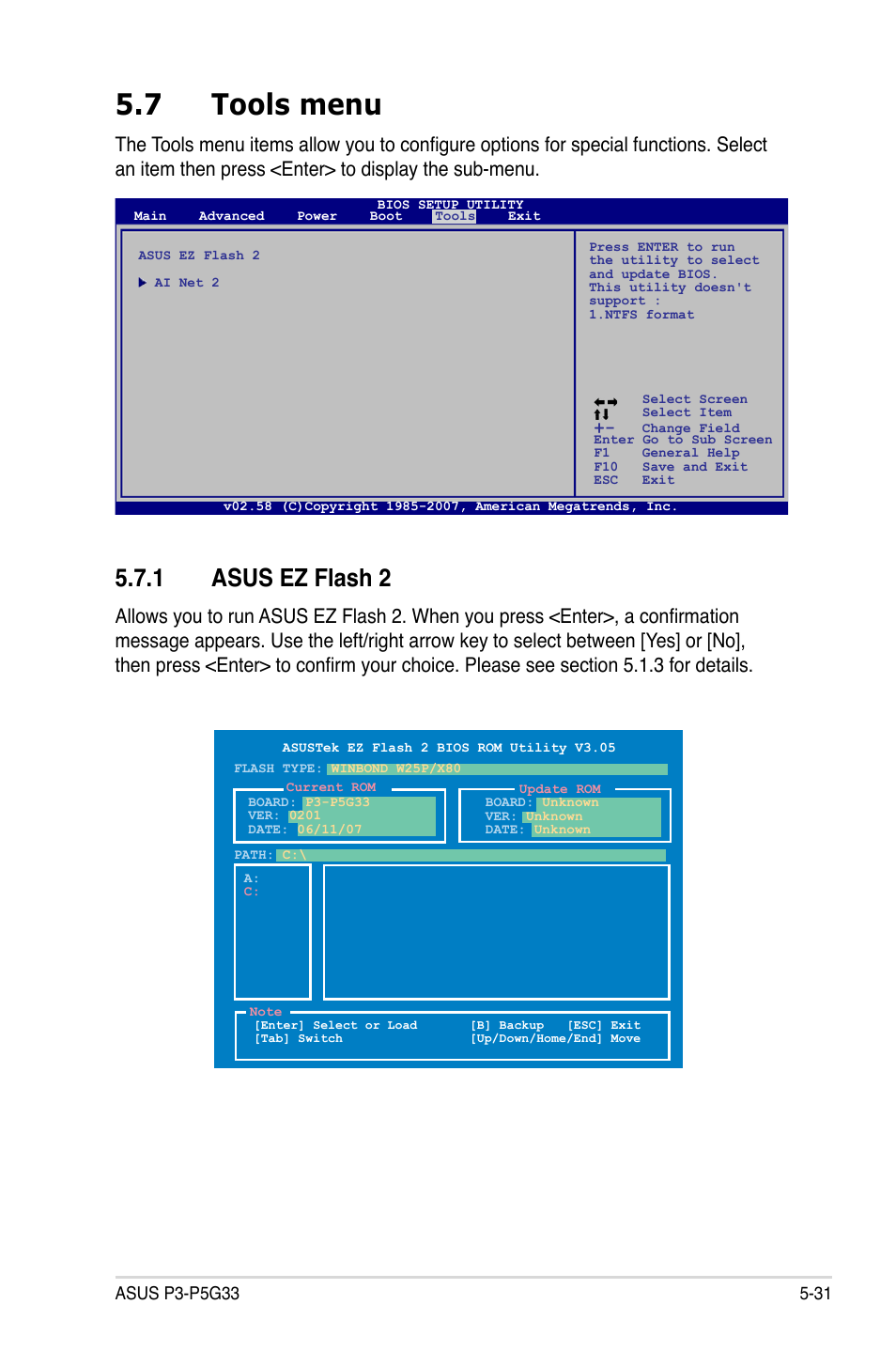 7 tools menu, 1 asus ez flash 2 | Asus P3-P5G33 User Manual | Page 95 / 98