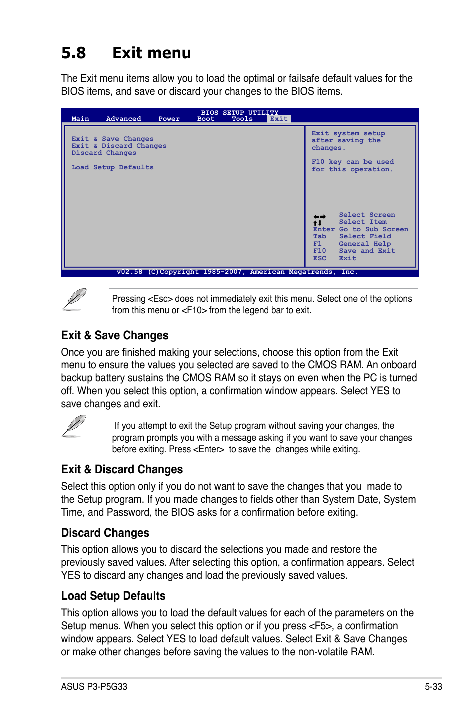 8 exit menu, Exit & save changes, Exit & discard changes | Discard changes, Load setup defaults | Asus P3-P5G33 User Manual | Page 97 / 98