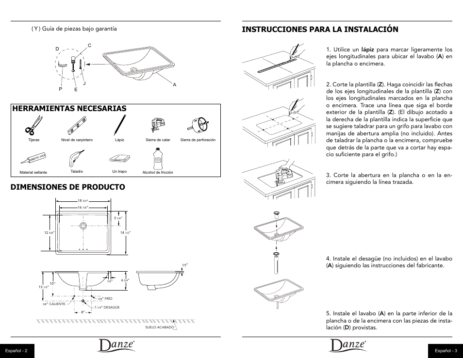 Herramientas necesarias dimensiones de producto, Instrucciones para la instalación, Y ) guía de piezas bajo garantía | Danze DC067250 - Installation Manual User Manual | Page 5 / 8