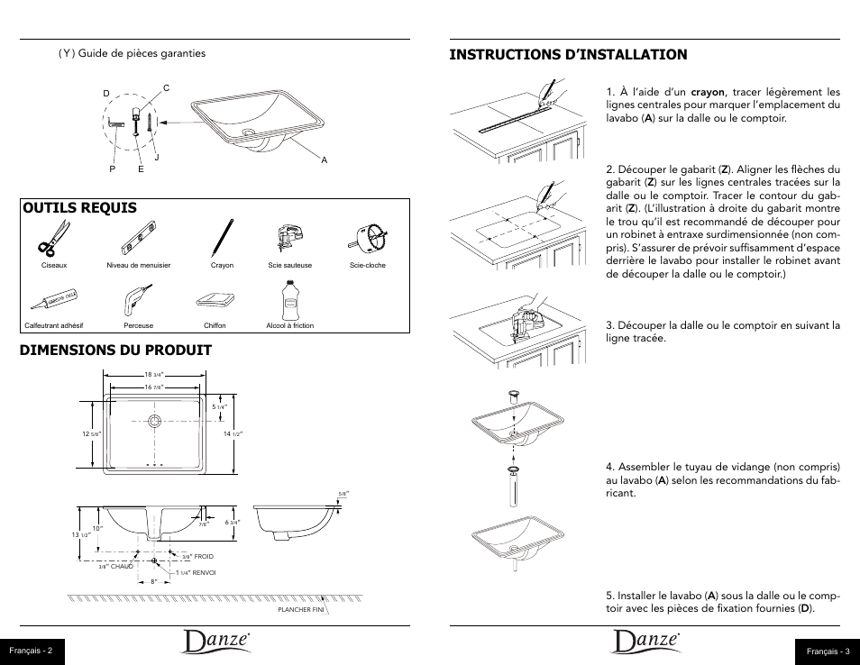 Outils requis dimensions du produit, Instructions d’installation, Y ) guide de pièces garanties | Danze DC067250 - Installation Manual User Manual | Page 7 / 8