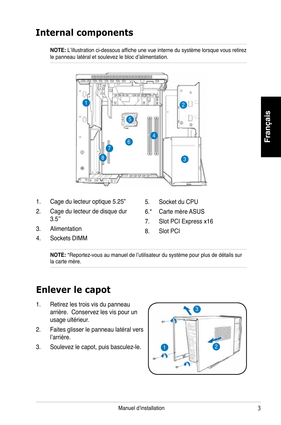 Internal components, Enlever le capot, Français | Asus T3-P5G965 User Manual | Page 11 / 80