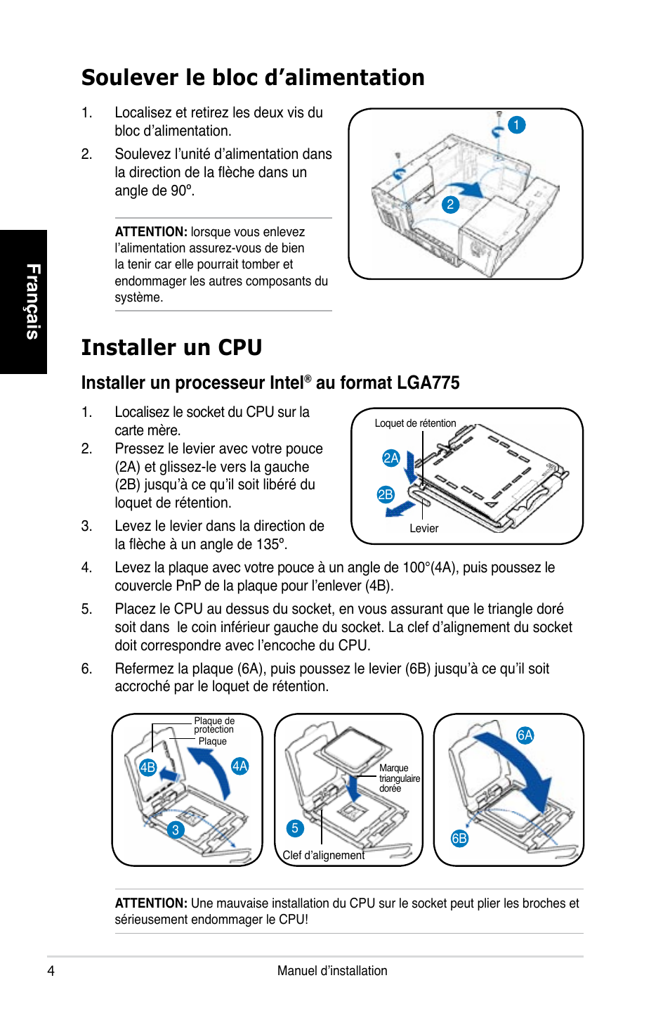 Soulever le bloc d’alimentation, Installer un cpu, Français | Installer un processeur intel, Au format lga775 | Asus T3-P5G965 User Manual | Page 12 / 80