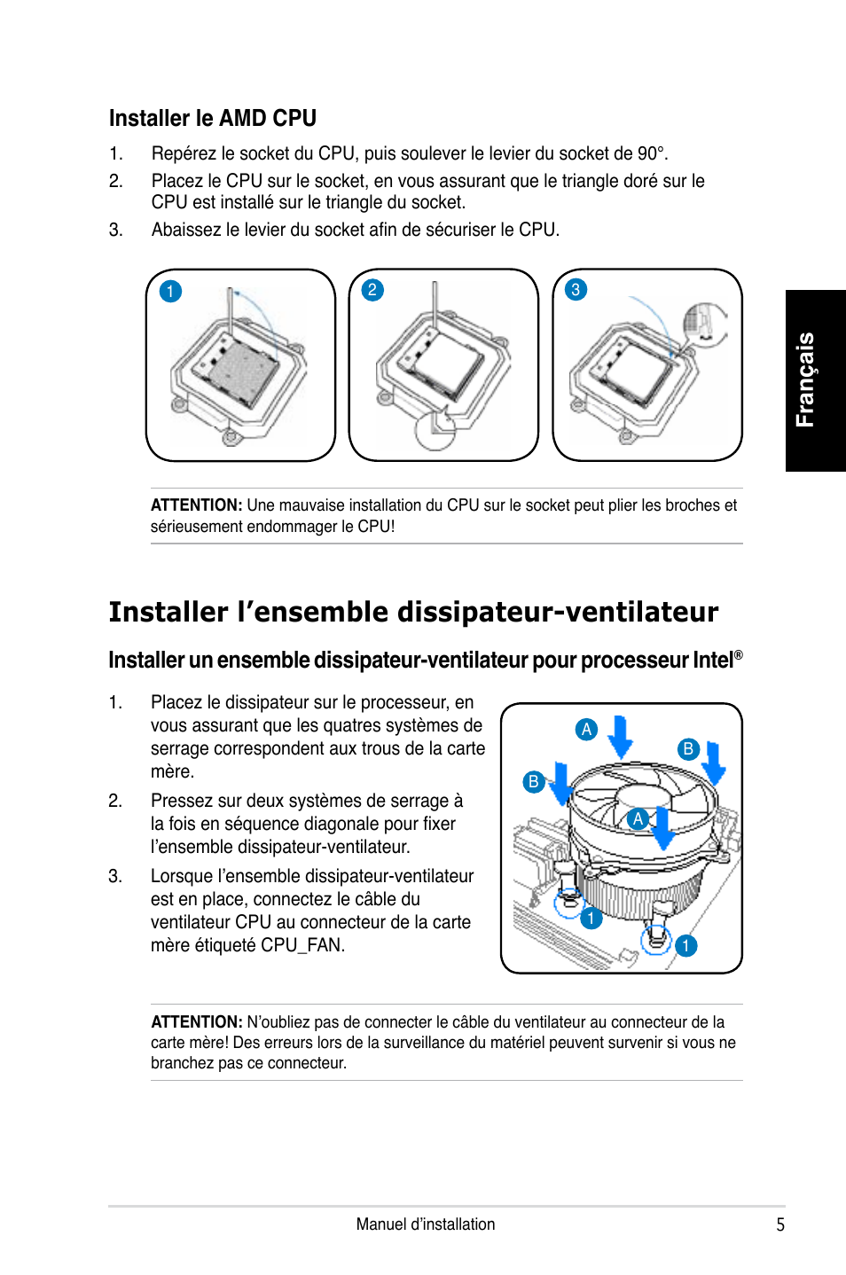 Installer l’ensemble dissipateur-ventilateur, Français installer le amd cpu | Asus T3-P5G965 User Manual | Page 13 / 80