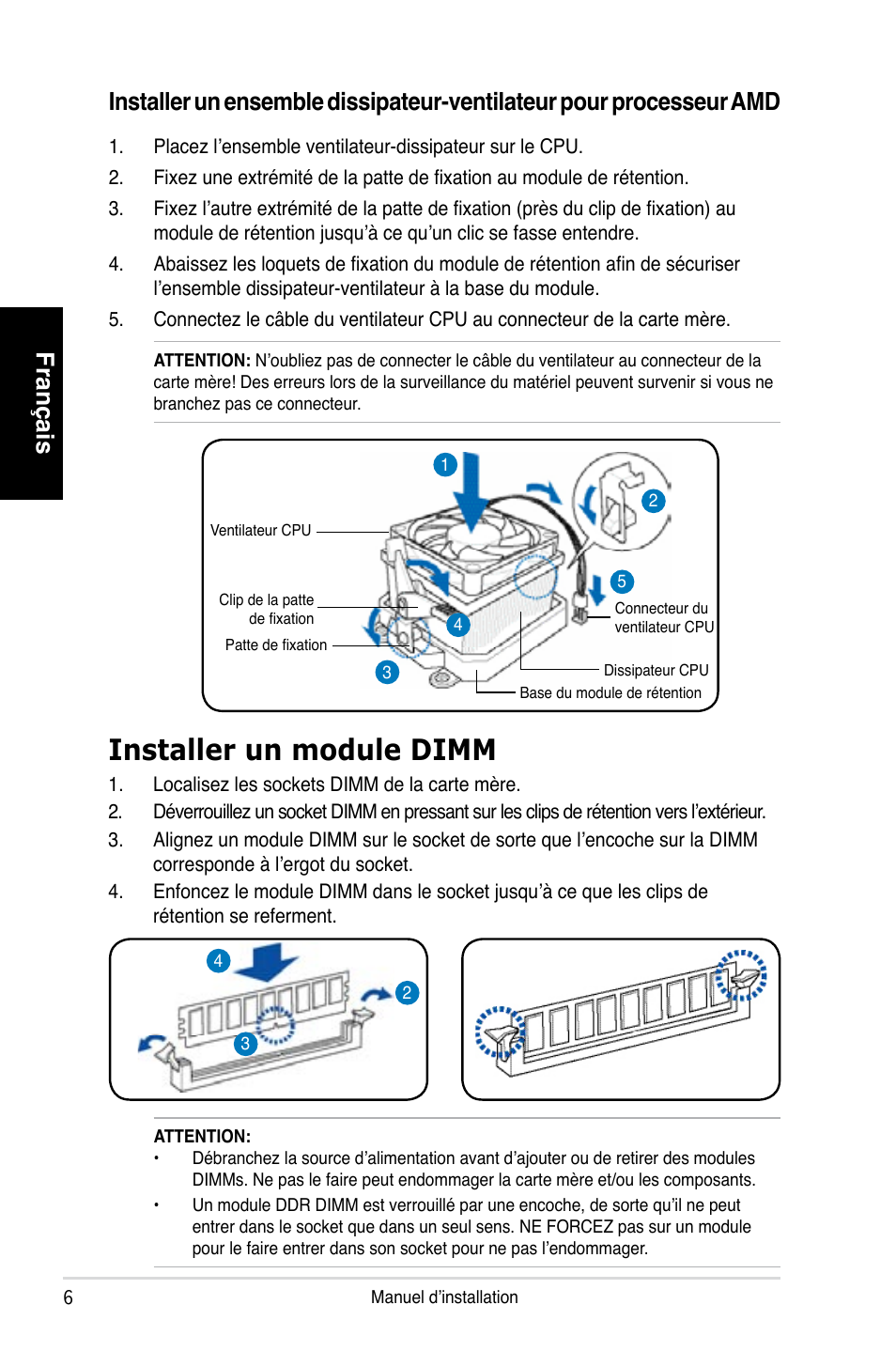 Installer un module dimm | Asus T3-P5G965 User Manual | Page 14 / 80