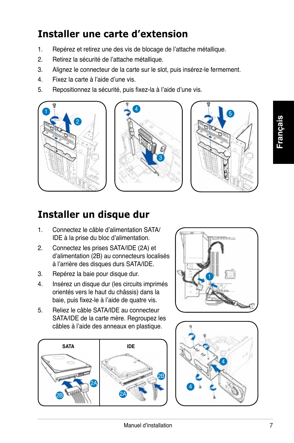 Installer une carte d’extension, Installer un disque dur, Français | Asus T3-P5G965 User Manual | Page 15 / 80